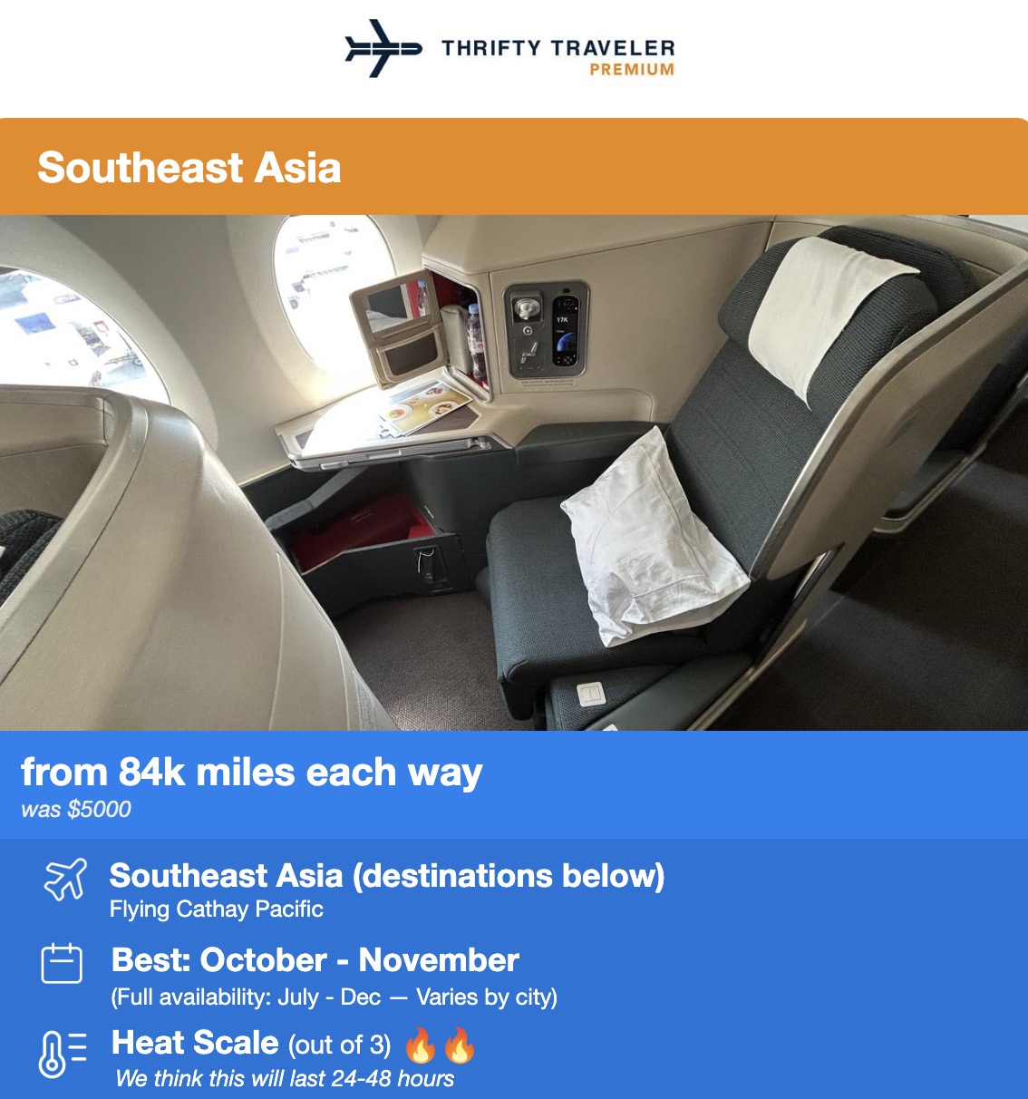 Cathay Pacific business class seat in a flight deal for 84,000 points