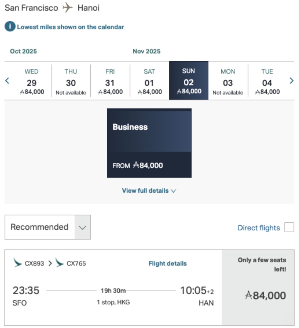 San Francisco to Hanoi, Vietnam flight on Sunday, November 2nd, 2025 in Cathay Business Class class for 84,000 points. 