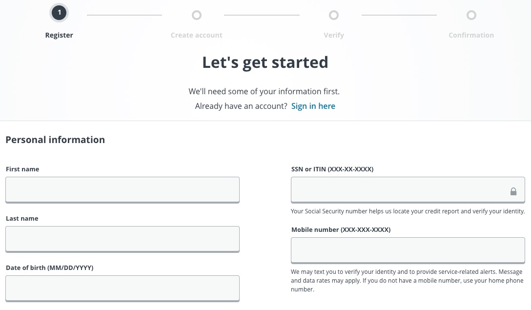 Create Equifax Account Step 1