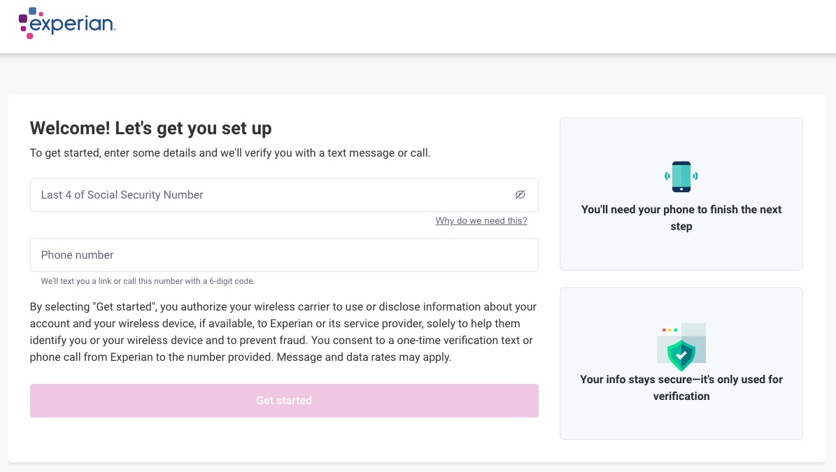 Create Experian Account Step 1