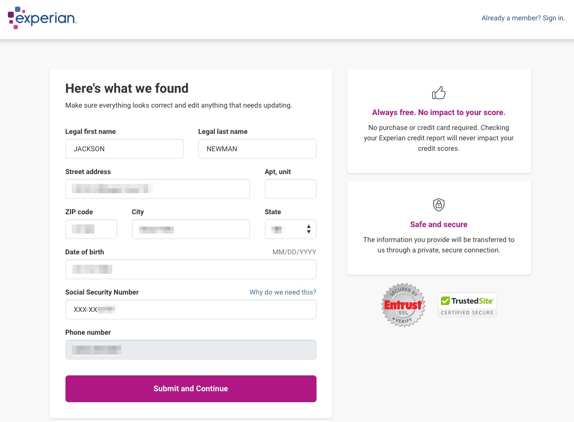 Create Experian Account Step 2