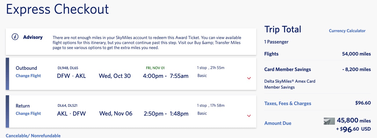 DFW-AKL Delta SkyMiles award deal