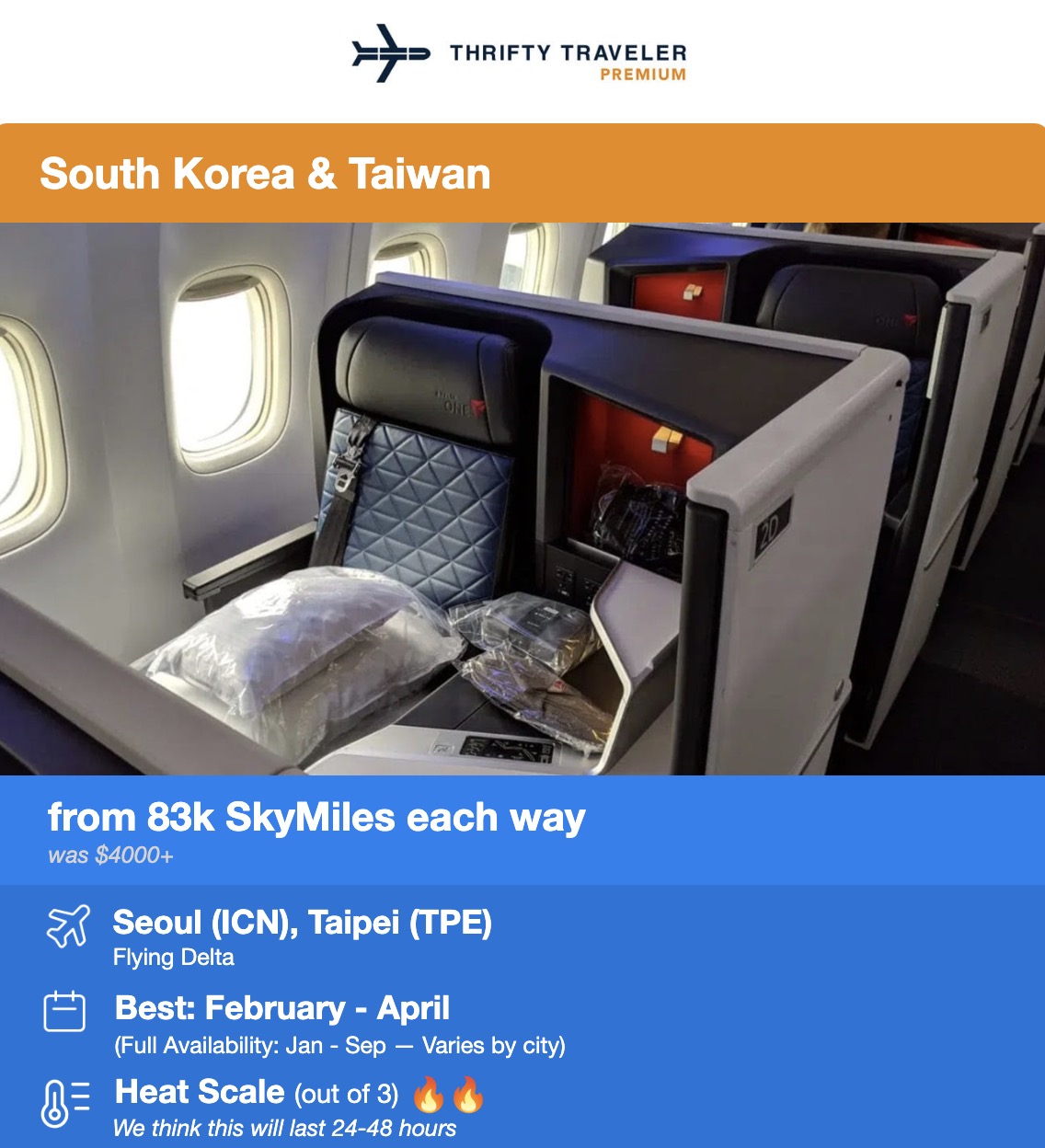 Delta One Suites in a flight deal to Seoul and Taipei