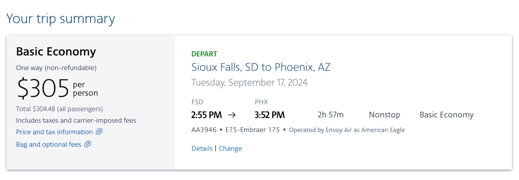 FSD-PHX American Airlines one-way flight