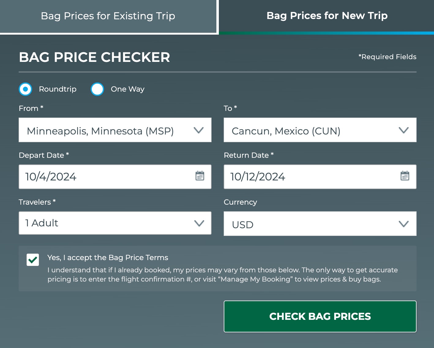 screenshot of the bag price checker 