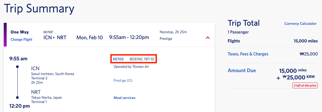 Delta SkyMiles fare between Seoul and Tokyo