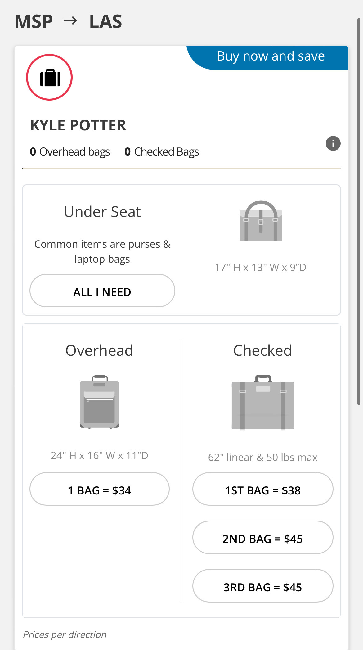 sun country bag fees mobile msp to las vegas