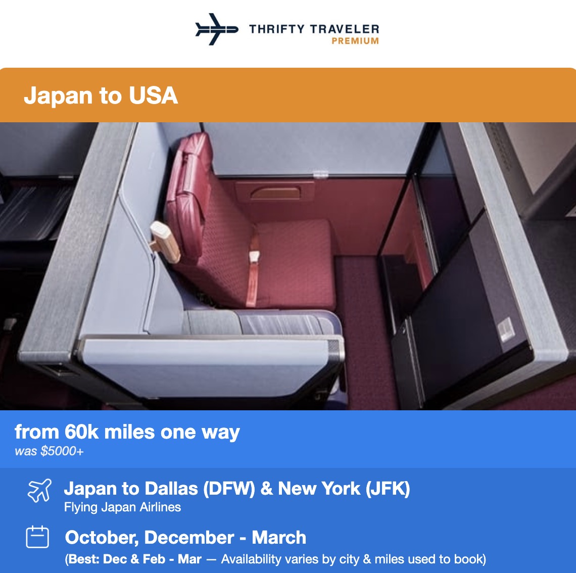 Thrifty Traveler Premium Japan to USA flight deal for Japan Airlines from 60,000 miles one way
