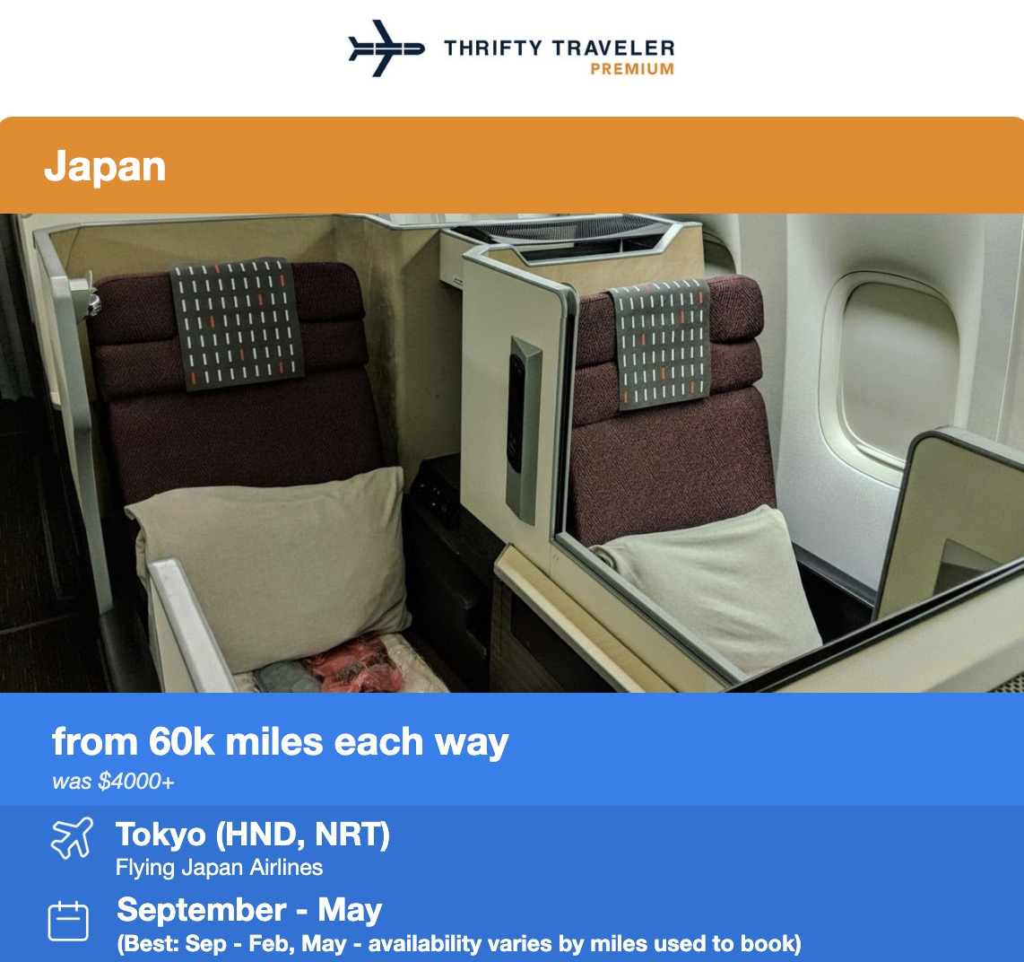 Thrifty Traveler Premium flight deal alert for Japan Airlines business class for 60,000 points each way. 