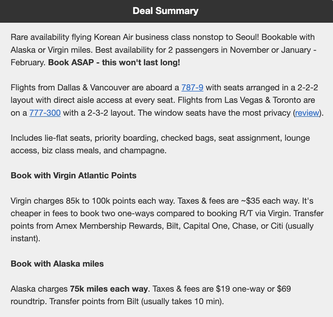 Korea Air business class deal summary. Book with Virgin Atlantic points. Book with Alaska Miles.