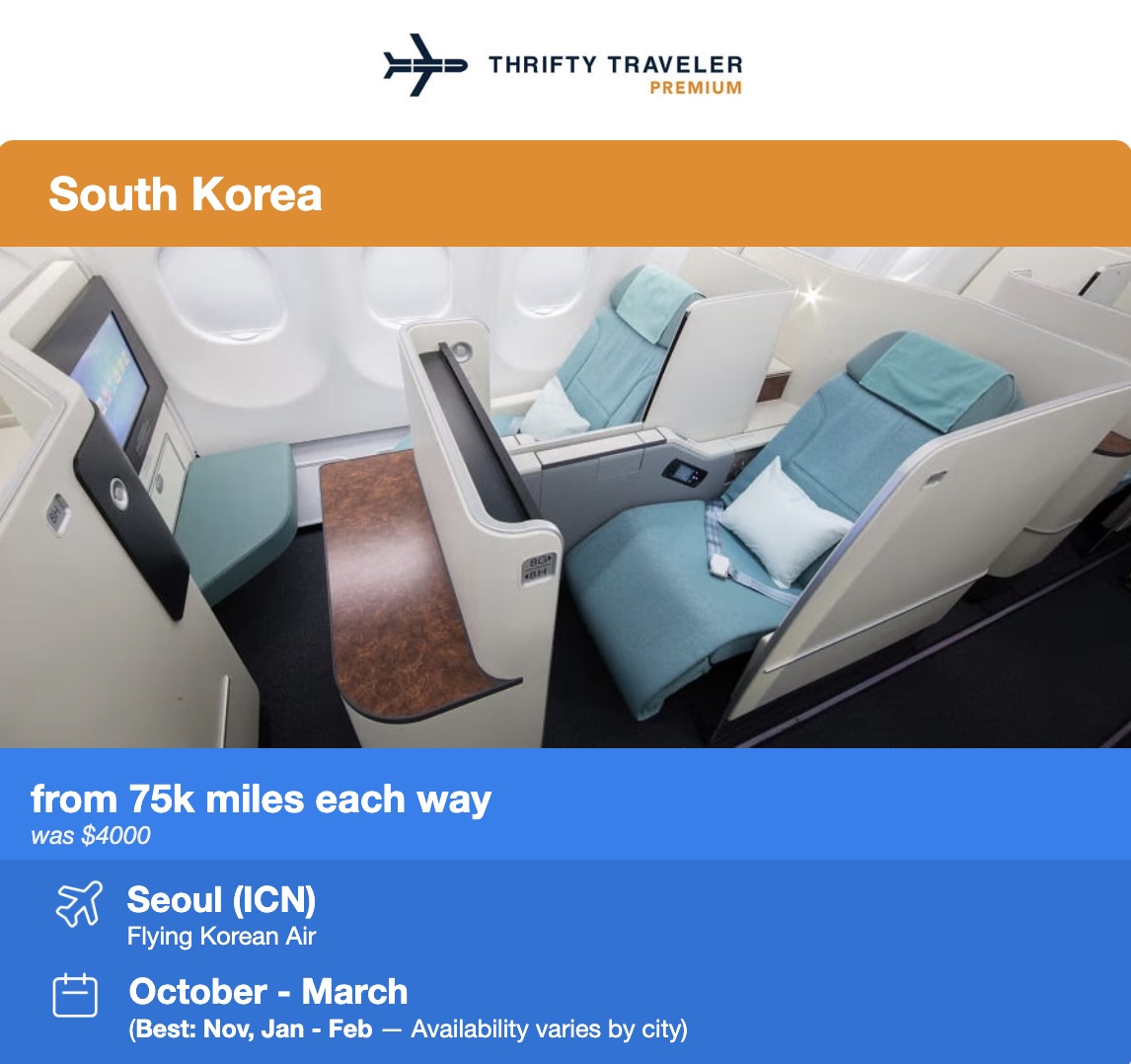 Thrifty Traveler Premium South Korea flight deal flying Korean Air business class to Seoul from 75,000 miles each way