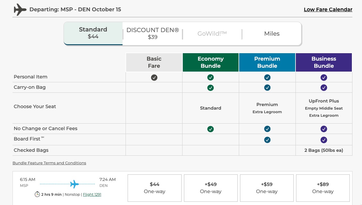 a chart explaining what's included in each frontier airlines fare