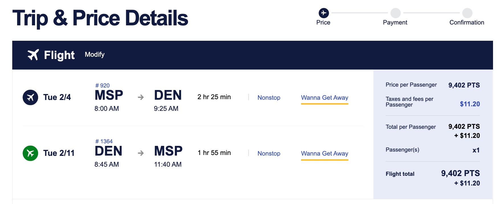 Minneapolis to Denver flights using Rapid Rewards points