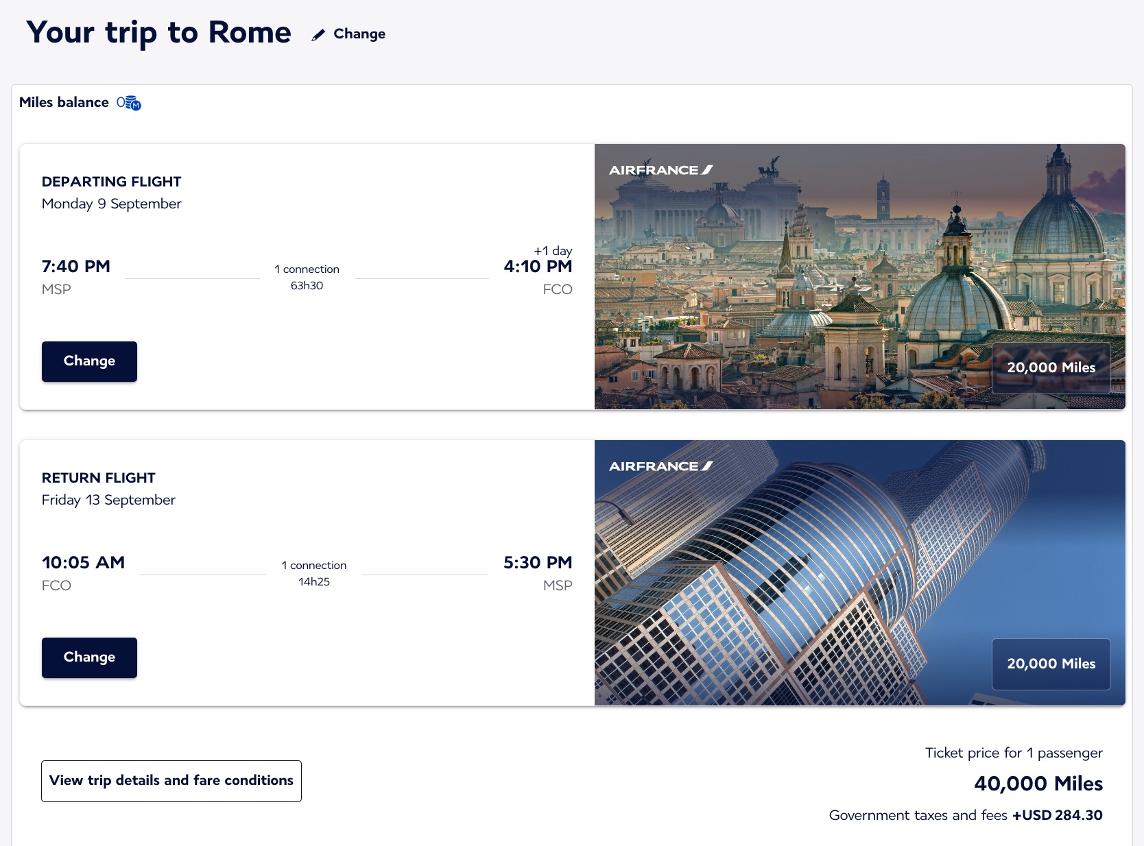 MSP-FCO RT Flying Blue miles