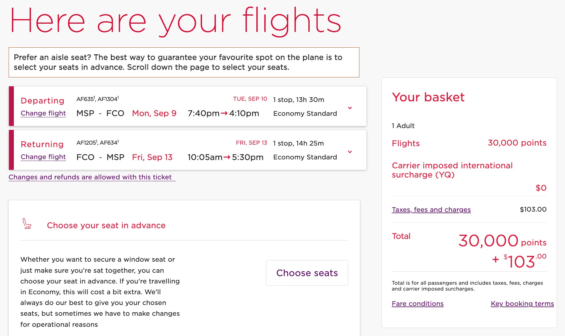 MSP-FCO roundtrip flight booked through Virgin Atlantic