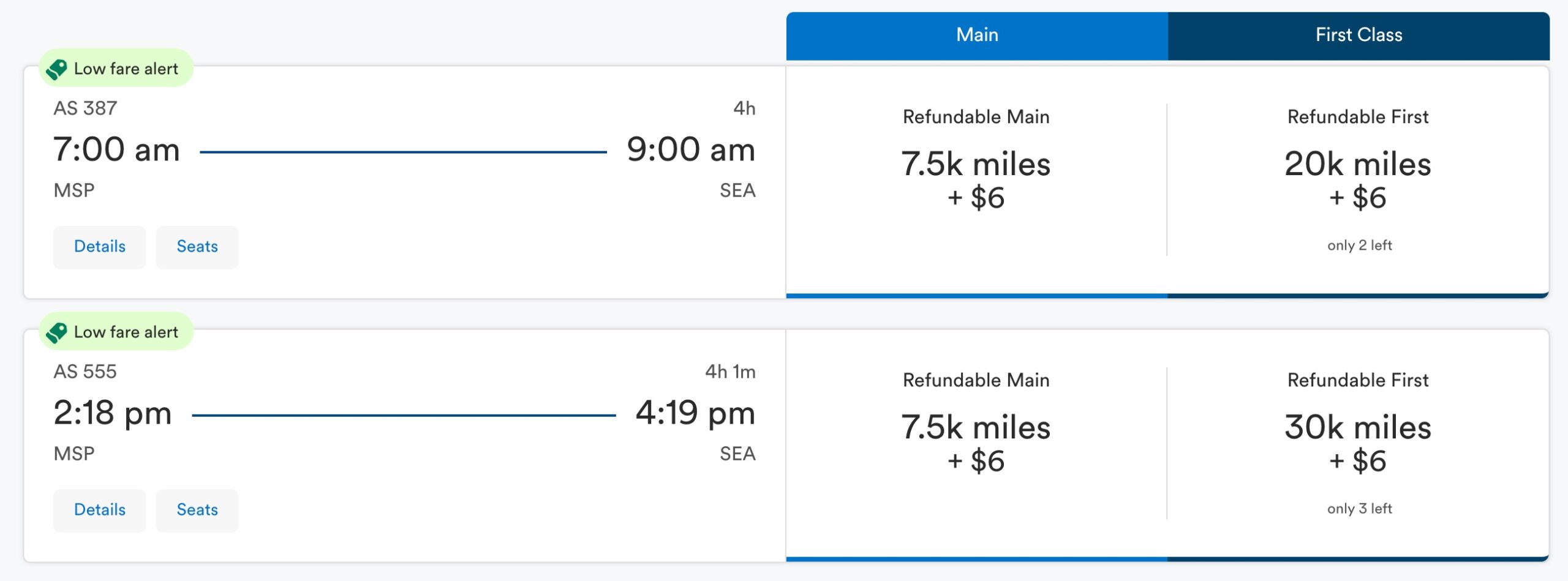 MSP-SEA one-way alaska miles flight