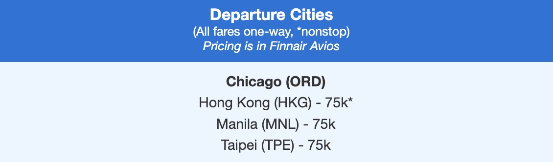 Hong Kong, Manila, and Taipei airfare from Chicago (ORD) for 75,000 points each way. 