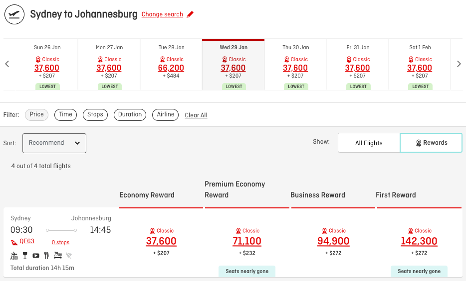Qantas fares for a flight between South Africa and Sydney