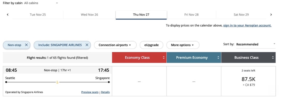 Singapore business class airfare on Air Canada. for 87,500 points and $79 Canadian dollars