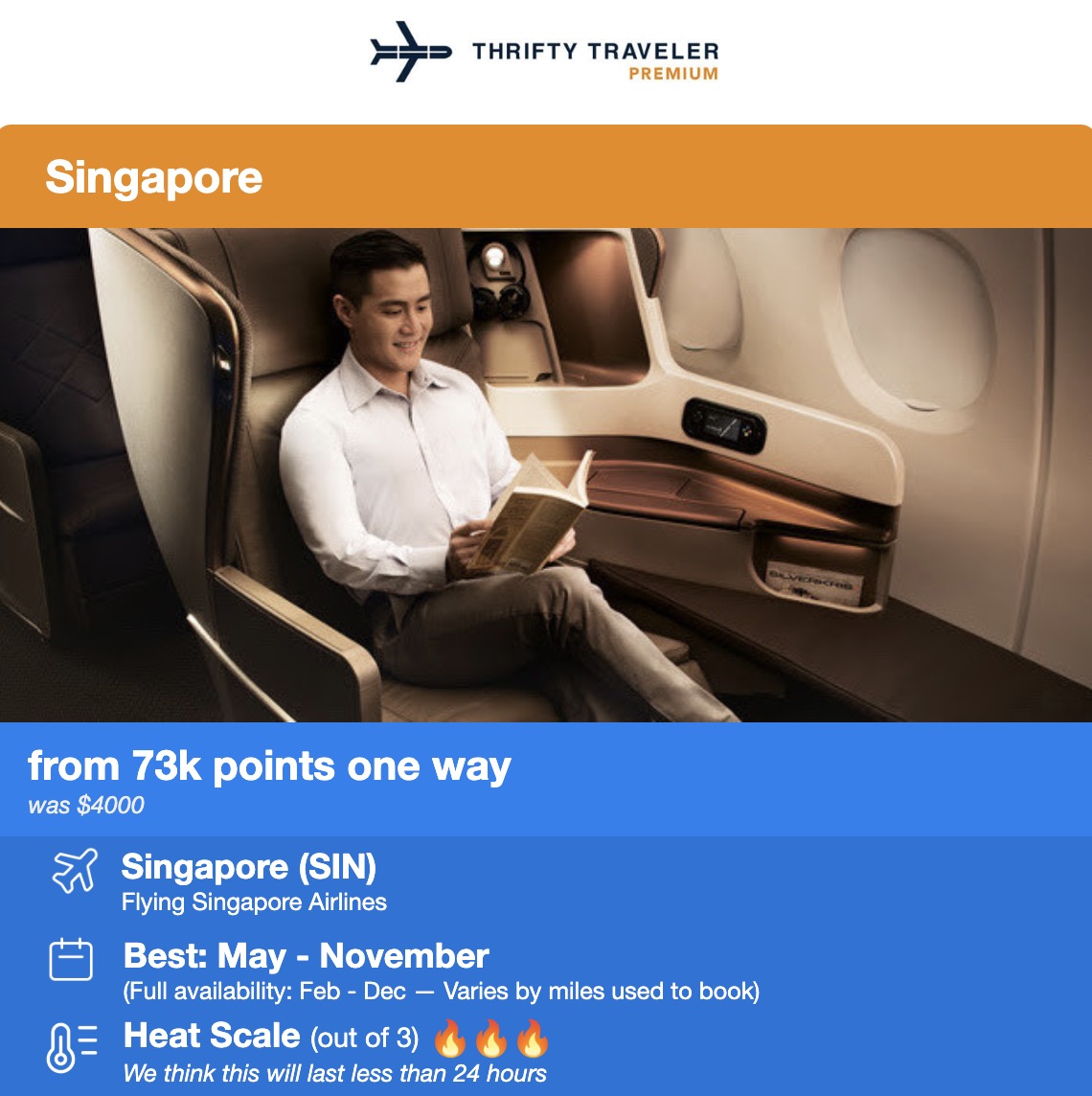 Singapore Airlines business class seat in a flight deal from 73,000 points each way