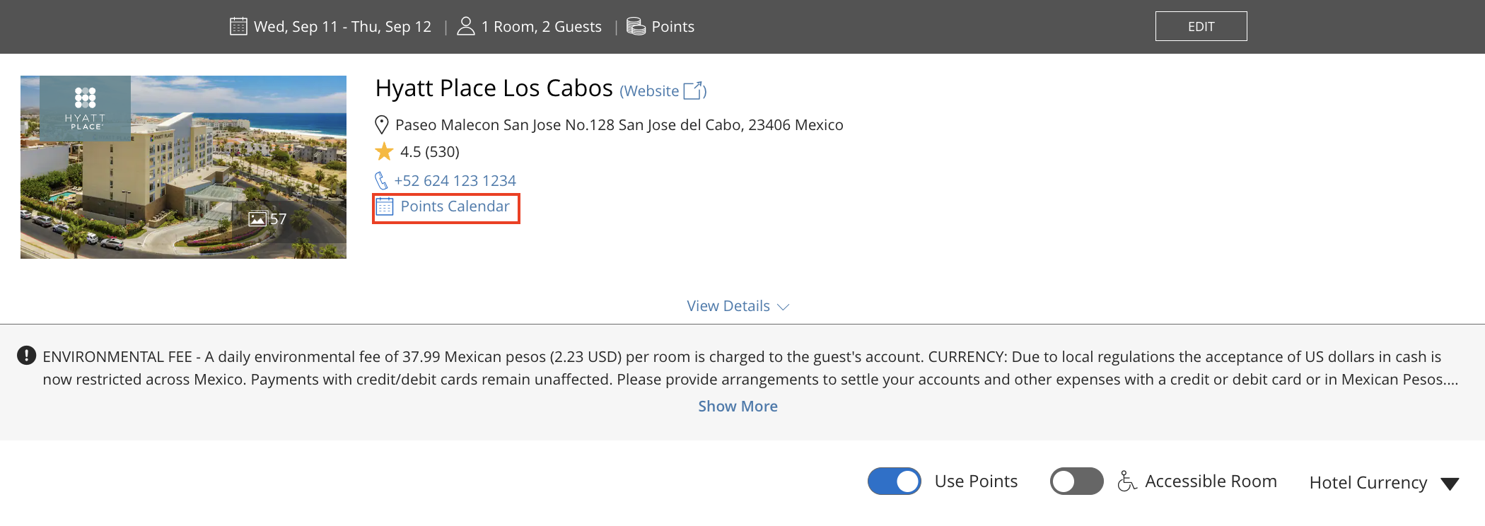 Hyatt Points Calendar Button