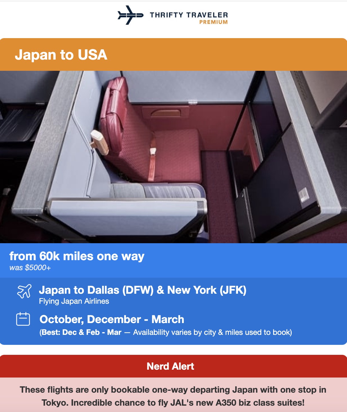 Japan Airlines business class seat in a flight deal "nerd alert"