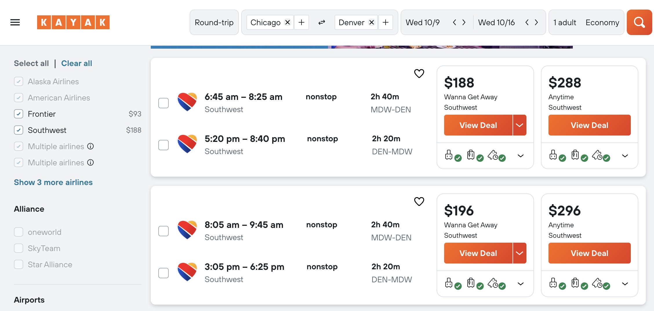 Southwest fares Kayak