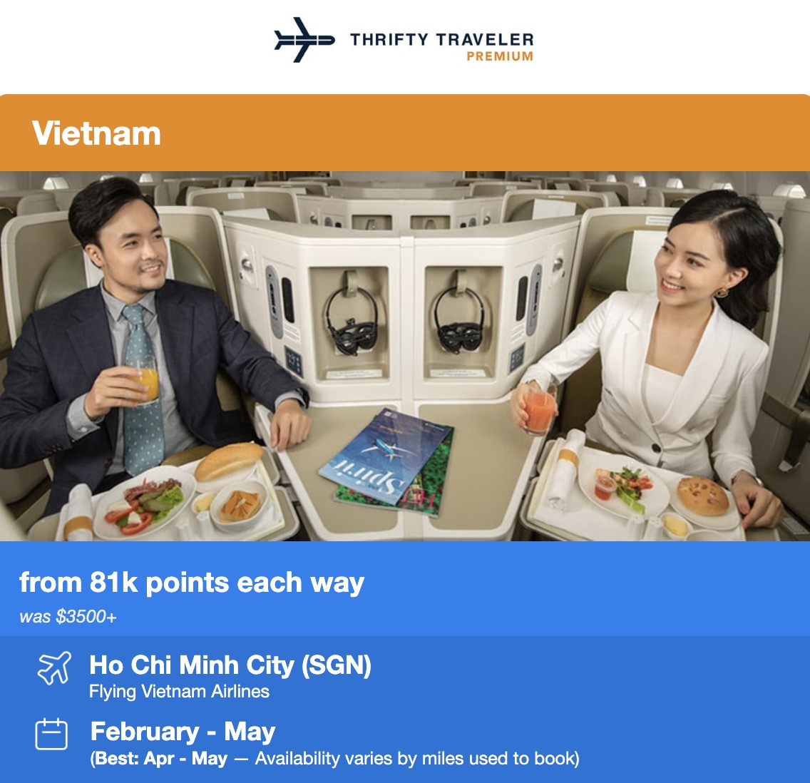 Thrifty Traveler Premium Vietnam flight deal flying Vietnam Airlines business class to Ho Chi Minh City from 81,000 points each way