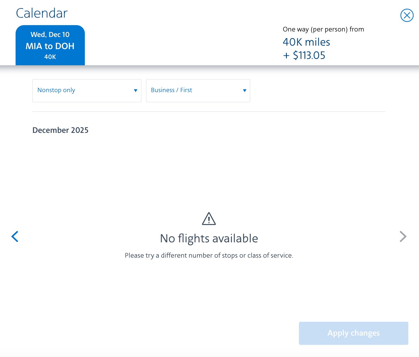 american airlines award search with no flights available from Miami to Doha. 
