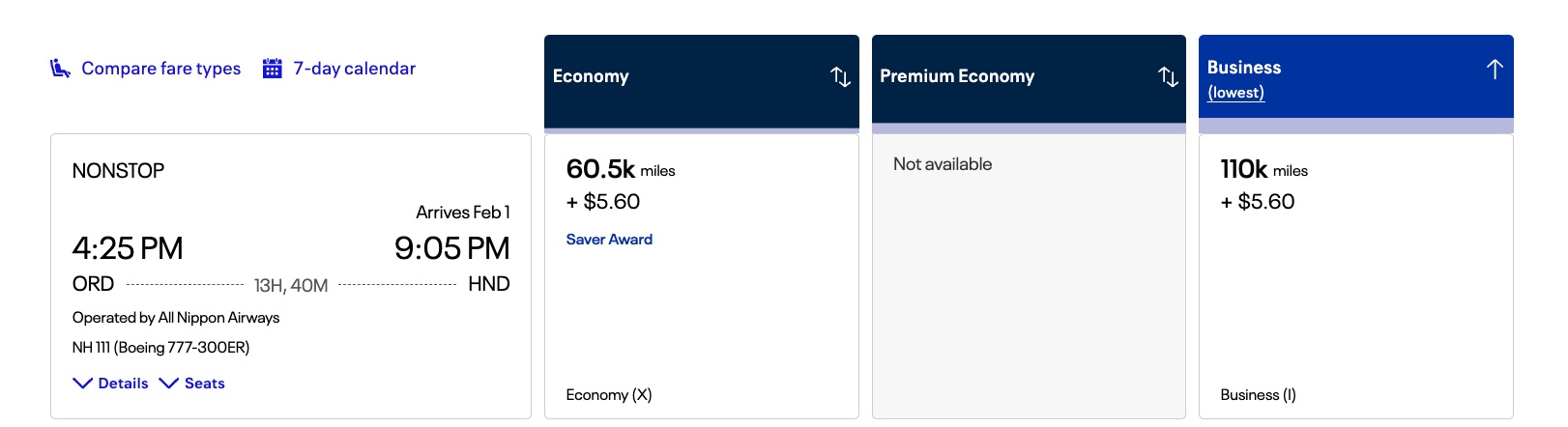 ana business class redemption for 110,000 united miles searched through United's website. 