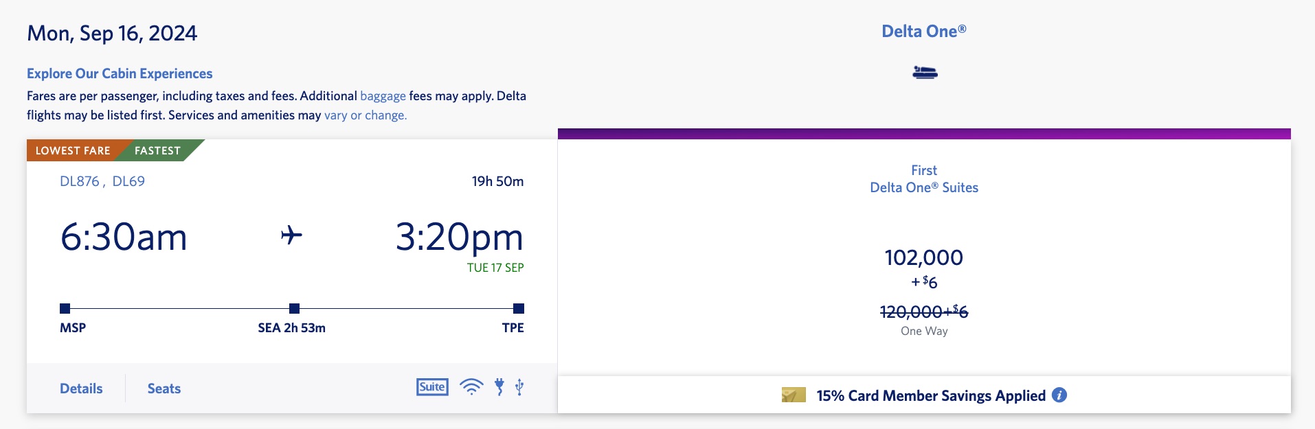 delta one msp to taipei