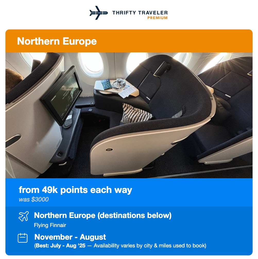finnair business class flight deal alert from 49,000 points each way flying to Northern Europe. 