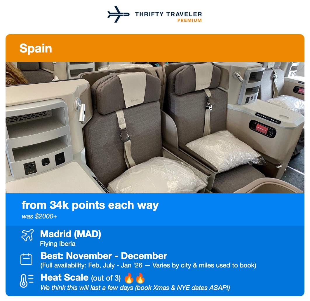 Iberia business class flight deal alert for 34,000 points each way flying to Madrid next fall and winter. 