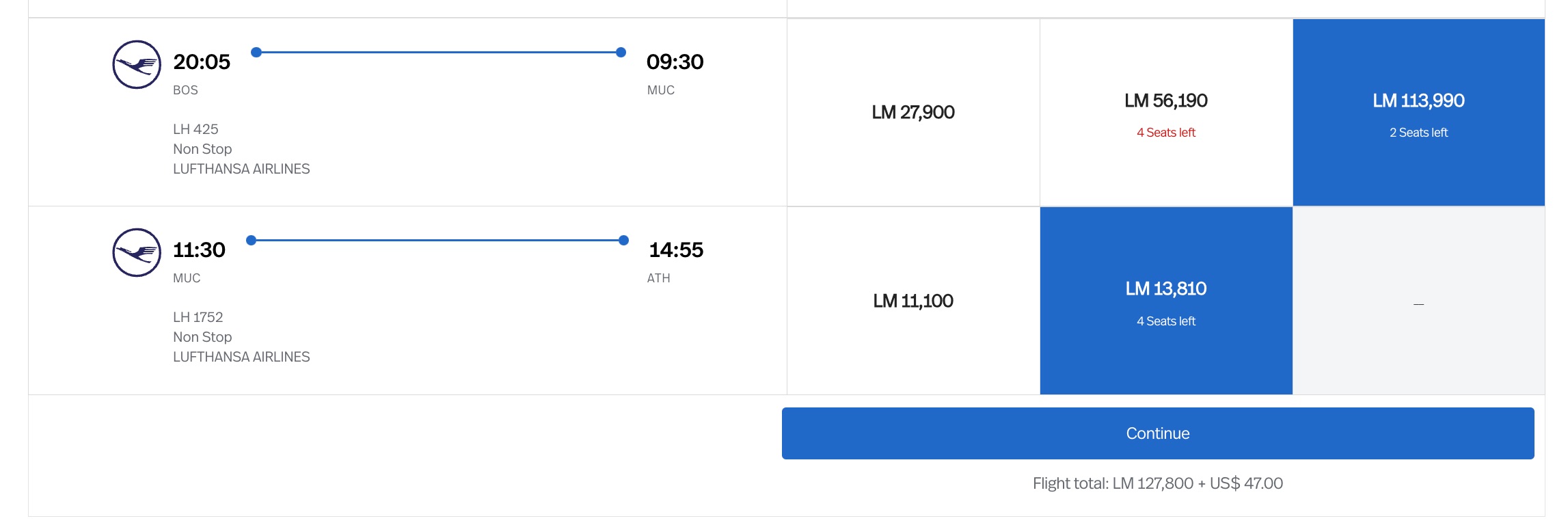 lufthansa first class boston to athens