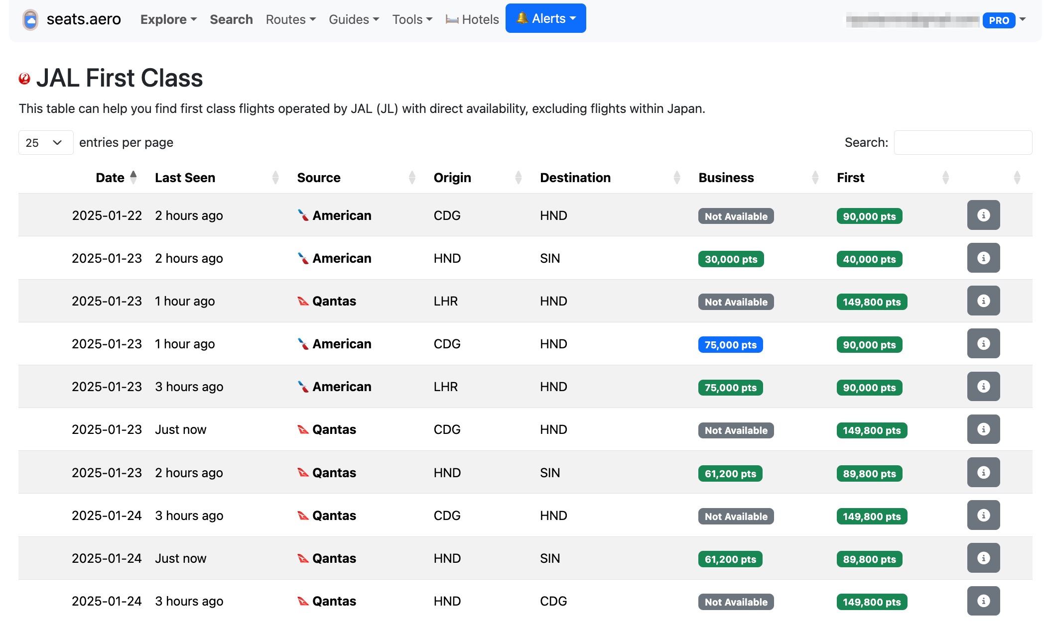 seats aero search for japan airlines first class showing booking options with American and Qantas. 