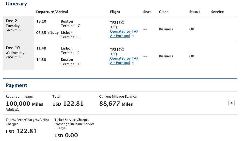 flights from boston to portugal and back booked using 100,000 ana mileage club miles