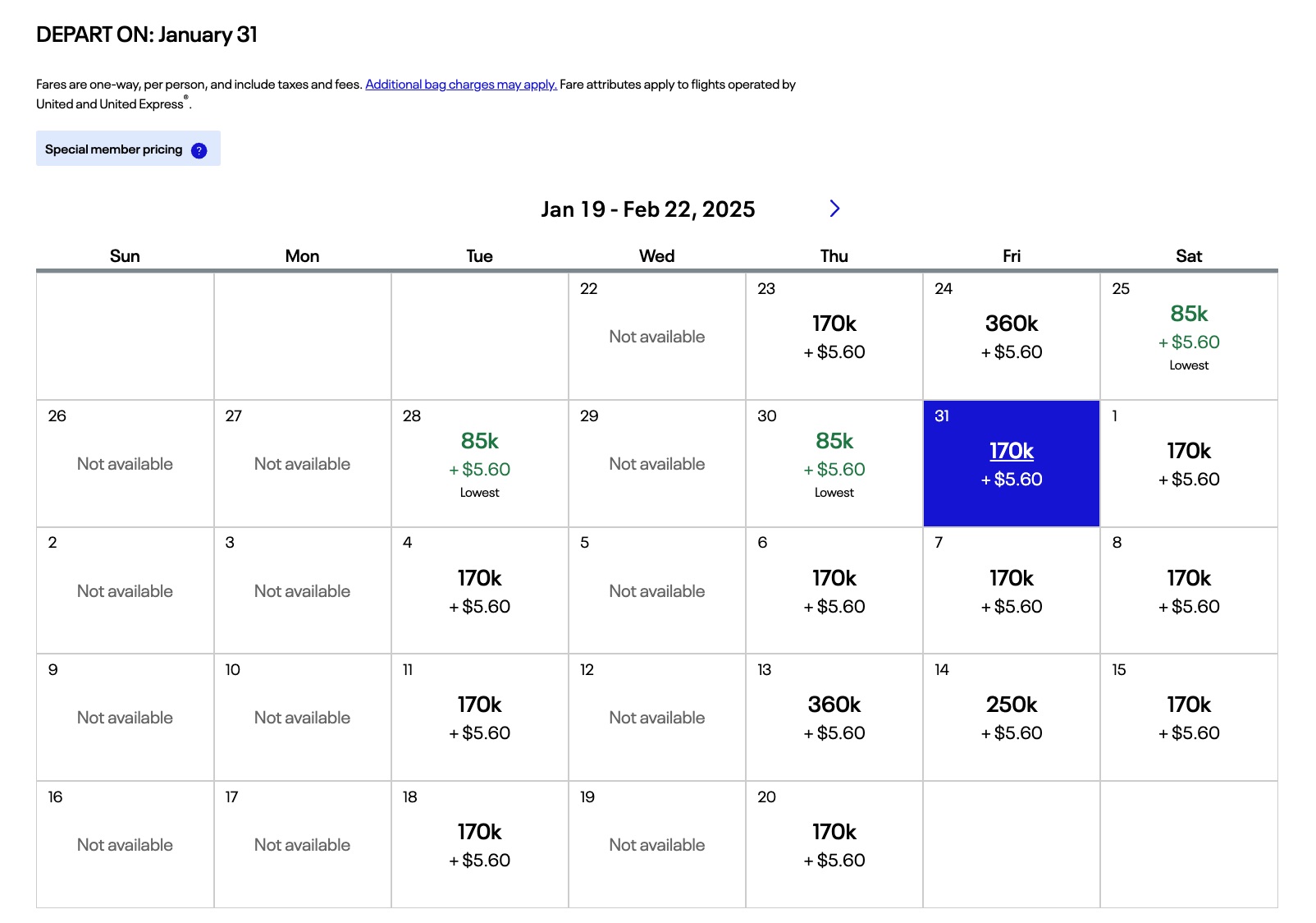 united award search san francisco to tahiti in a calendar view showing the lowest prices in green for 85,000 points each way and the highest for 360,000 miles. 