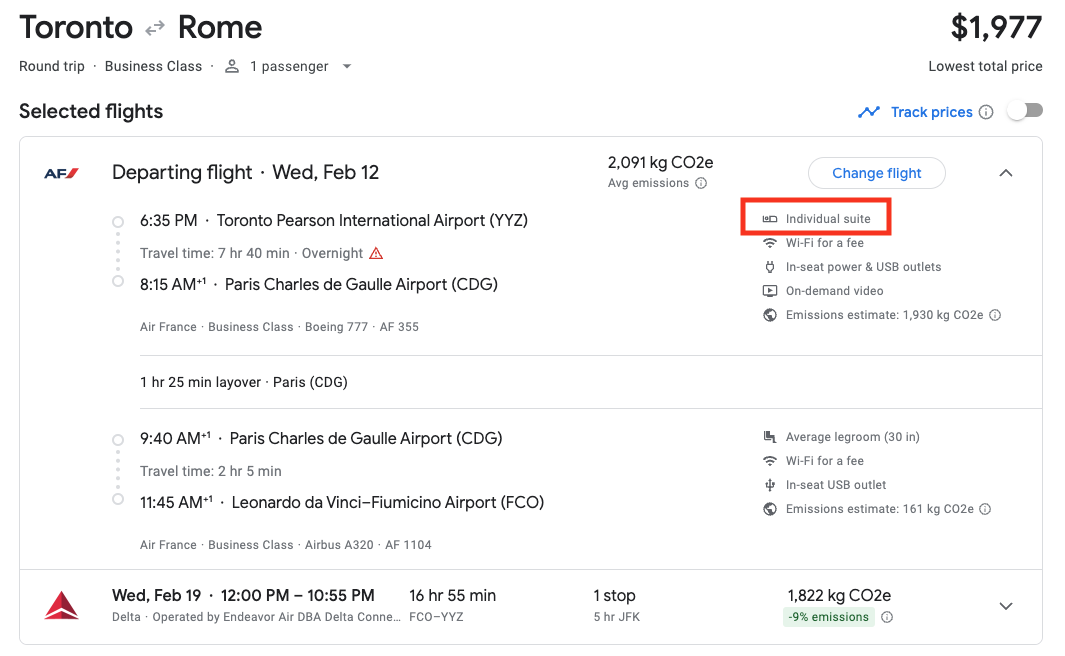 toronto to rome in business class for $1,977 on google flights