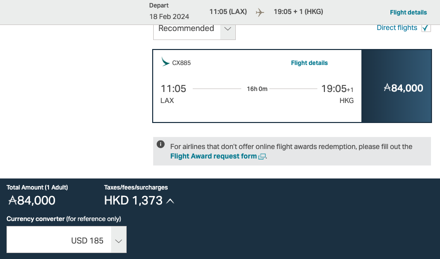 cathay pacific asia miles checkout page showing a fare for 84,000 Asia Miles and $185 dollars each way. 