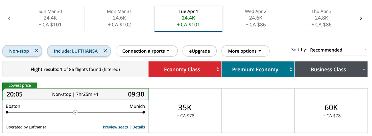 aeroplan redemption lufthansa