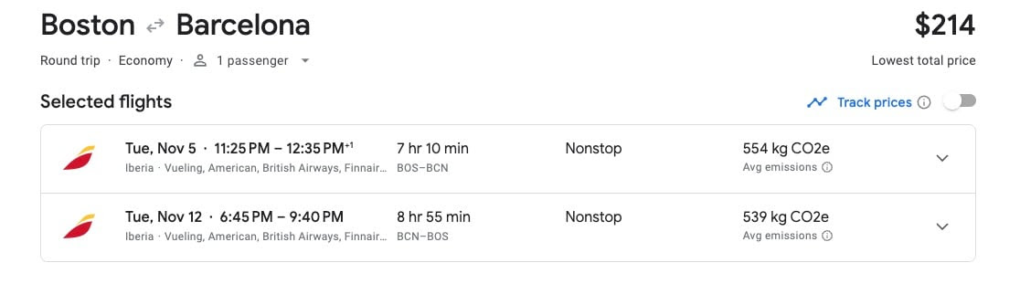 Boston (BOS) to Barcelona (BCN) Google Flights 