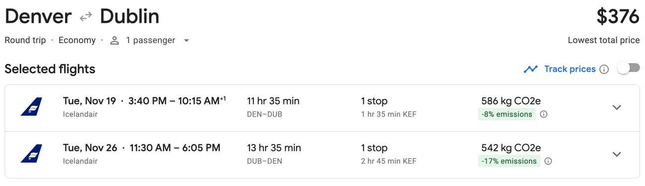 Google Flights Denver (DEN) to Dublin (DUB)