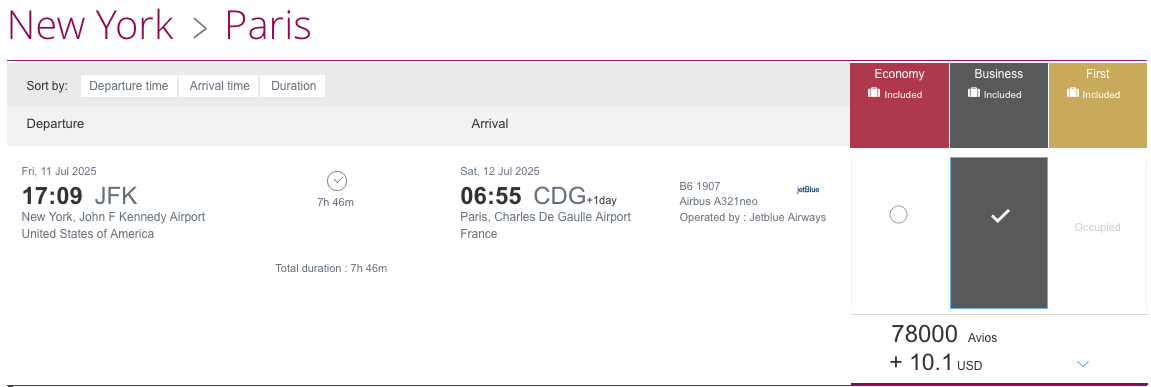 A JetBlue business class flight from New York to Paris for 78,000 Qatar Airways Avios and $10.10 