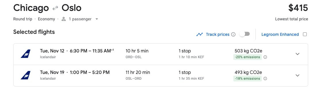 Google Flights Chicago (ORD) to Oslo (OSL)
