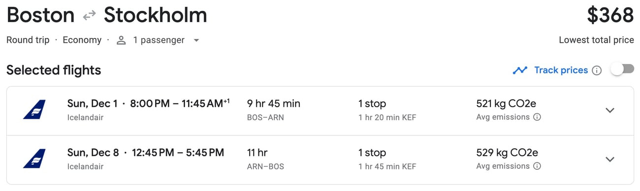 Google Flights Boston (BOS) to Stockholm (ARN) 