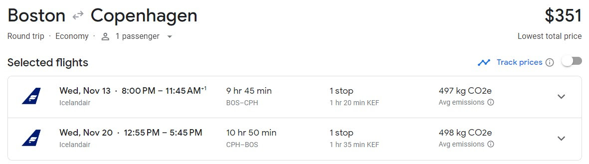 Google Flights Boston (BOS) to Copenhagen (CPH) 