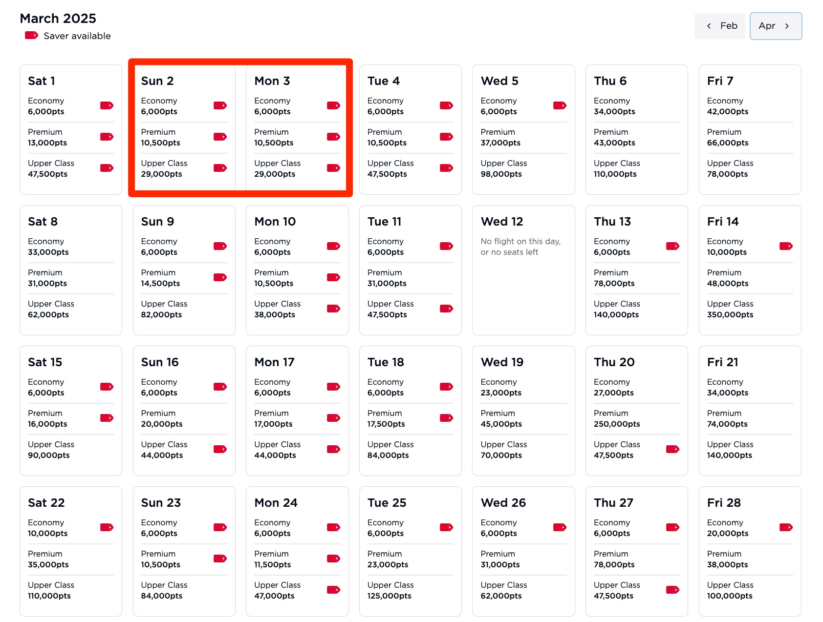 calendar showing award availability in economy, premium, and business class with virgin atlantic