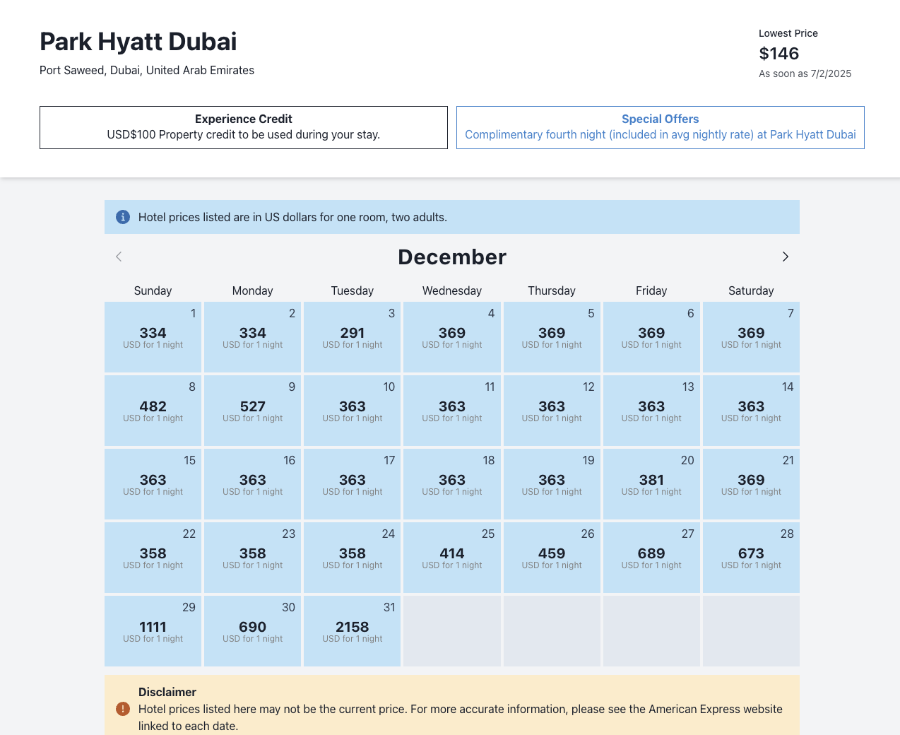 A calendar view of the Park Hyatt Dubai cash rates