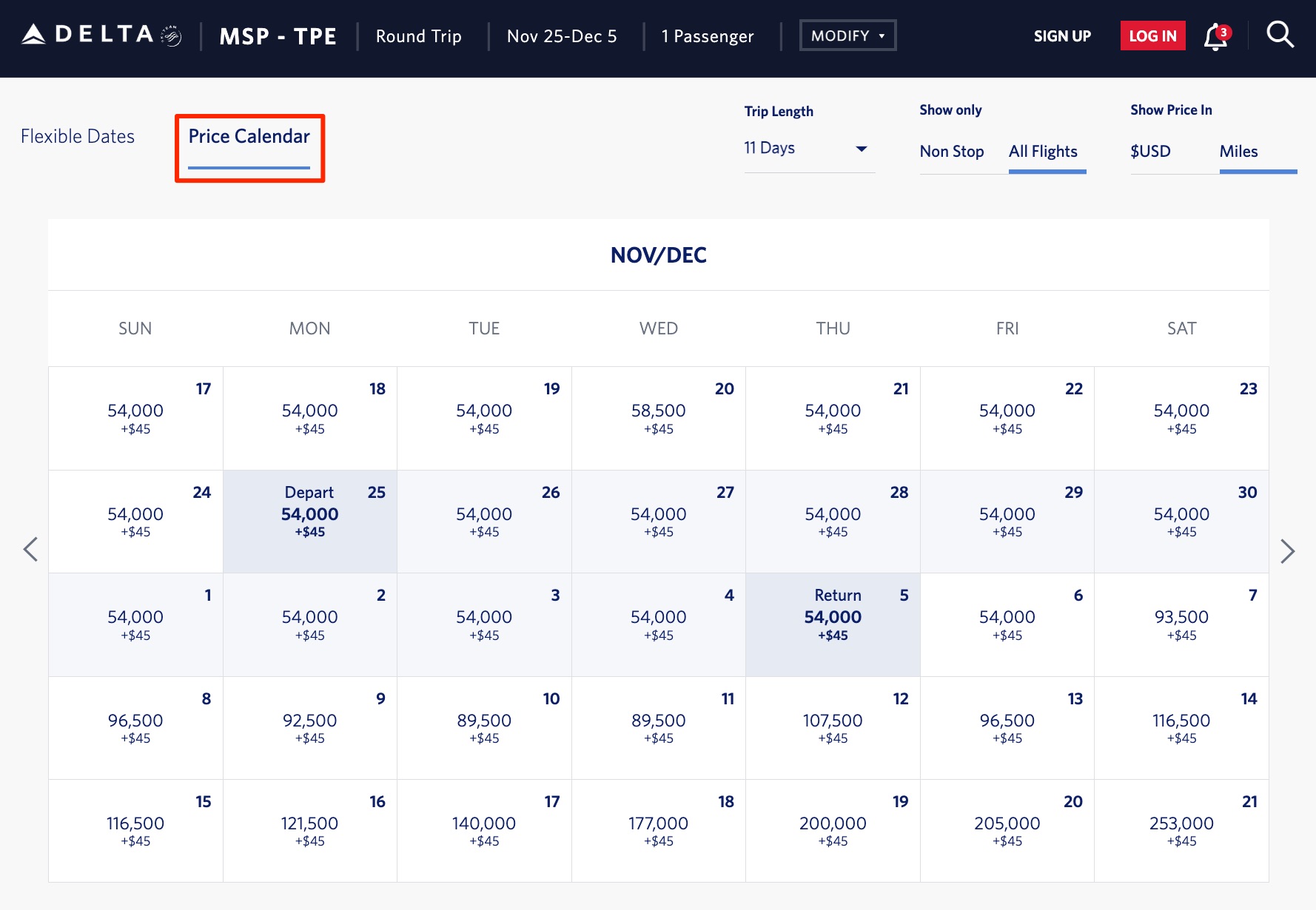 Delta SkyMiles MSP-TPE price calendar