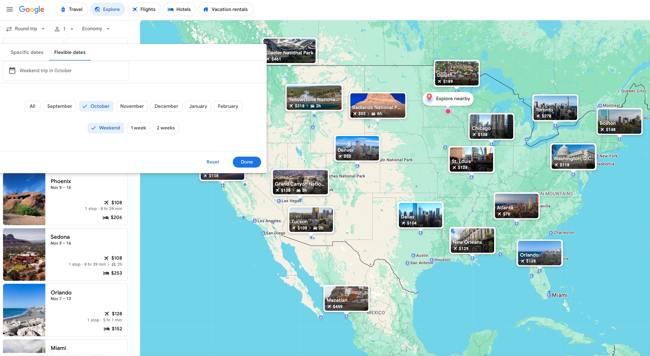 Google Flights Explore Minneapolis October Weekend
